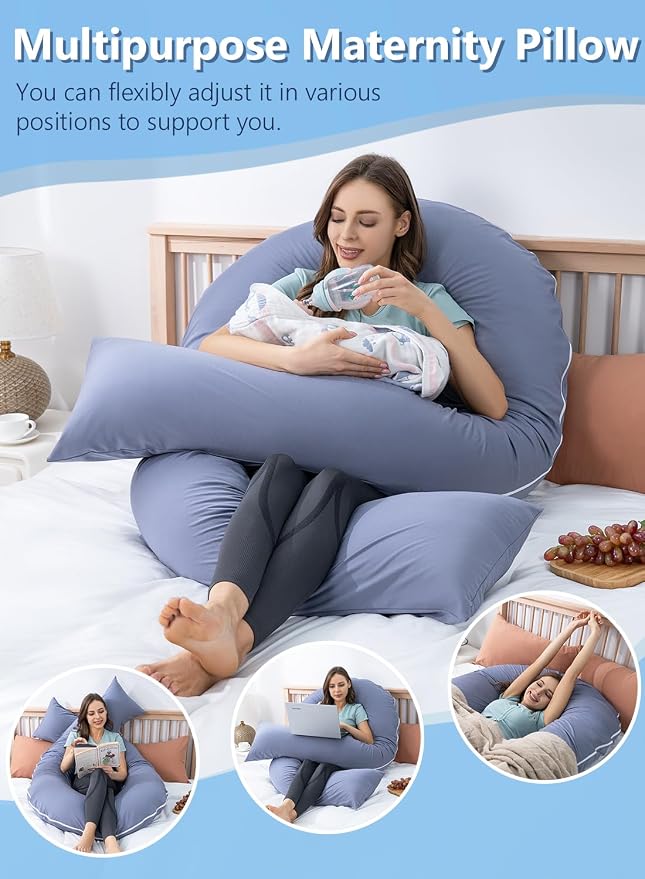 Meiz Pregnancy Pillows, Cooling Silky Pregnancy Pillows for Sleeping, 65" U Shaped Full Body Maternity Pillow for Pregnant Women, with Washable Jersey Cotton Cover, Blue