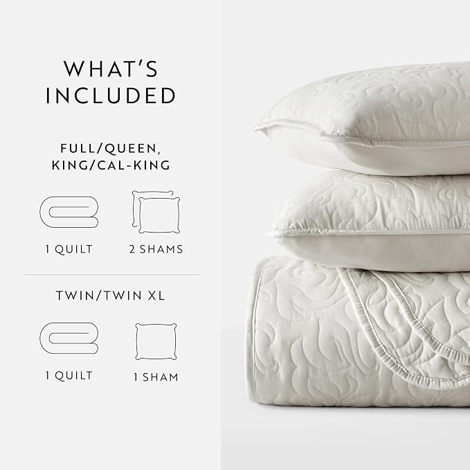 Merit Linens Modern Quilt Coverlet Soft Set in Floral Stitching - Twin/TwinXL Natural