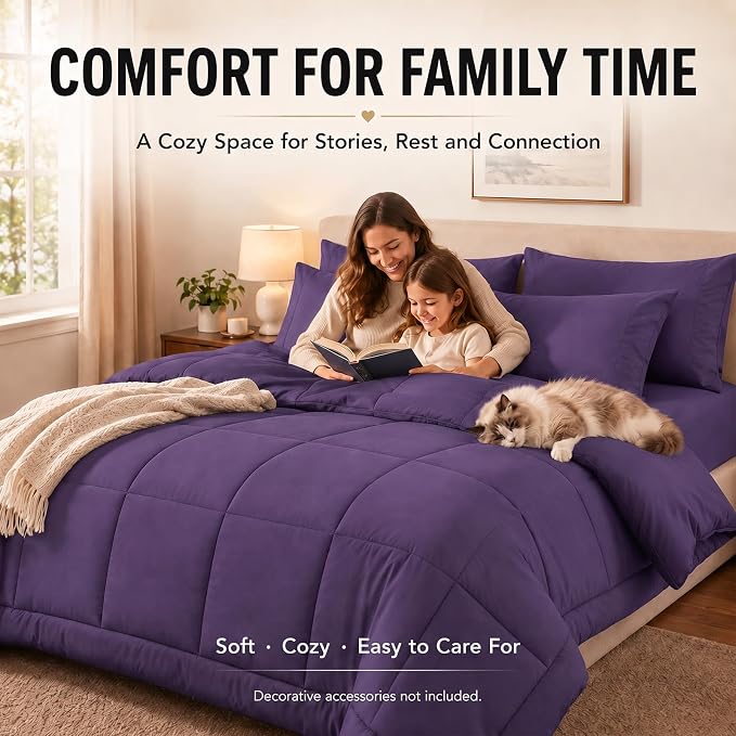 Queen Comforter Set Purple - 7 Pieces Bed in a Bag | OEKO-TEX Certified, All-Season, Bedroom, Guest Room, Down-Alternative Comforter + Flat & Fitted Sheets + 4 Pillowcases