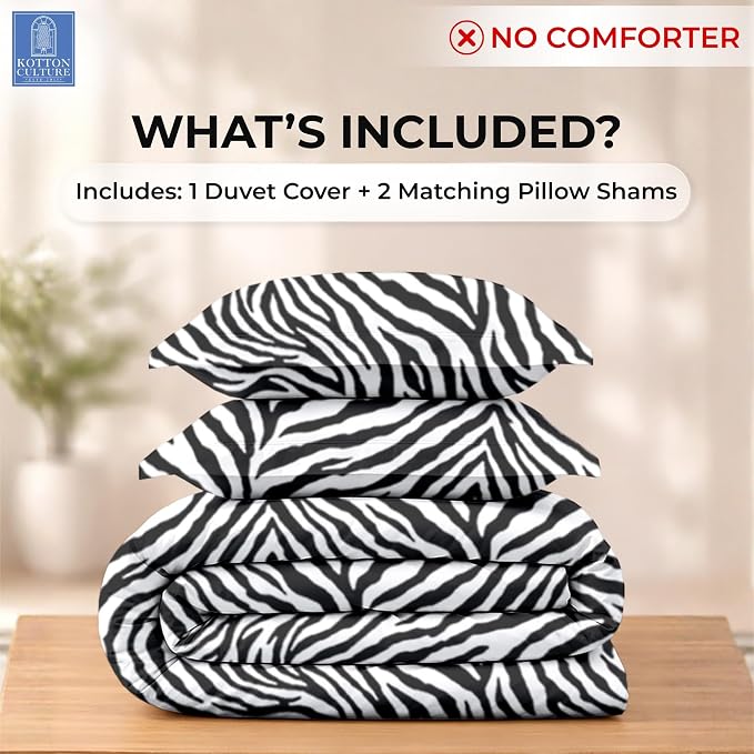 Kotton Culture 3 Pc Duvet Cover Set Queen Size/Full Size - Cotton - Soft Premium Durable Zebra Animal Print Comforter Cover - Zipper Closure & 7 Corner Ties- (Zebra, 90" X 90")