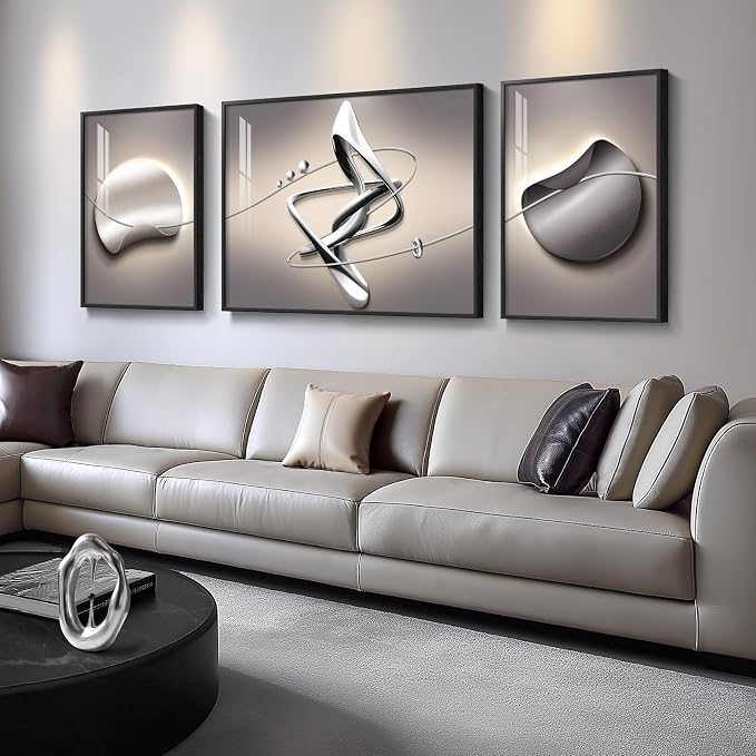 Extra Large Framed Modern Abstract Wall Art for Living Room, 3 Piece | Black Grey Silver Tones, Luxury Geometric Paintings, Long Horizontal Prints for Bedroom Dining Room Office