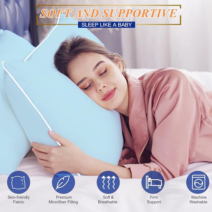MZOIMZO Bed Pillows for Sleeping- Soft Density, Queen Size Set of 2, Cooling Hotel Quality with Premium Soft Down Alternative Fill for Back, Stomach or Side Sleepers, 45×70CM, Blue
