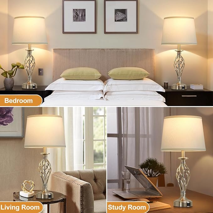 Table Lamp for Bedroom Set of 2 with USB C+A Ports,Modern Night Stand Lamps | Silver Bedside Lamps with Spiral Cage Base,White Fabric Shade,Lamp for Living Room Reading Bed Side End Table,Bulbs Included