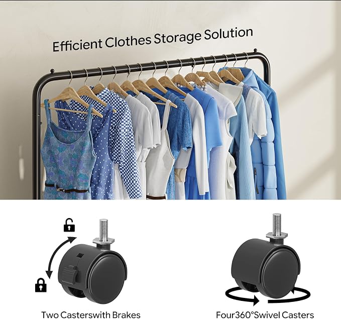 Simple Trending Clothing Rack, Portable Garment Rack, Clothes Rack, Black | Metal Frame, Bottom Shelf, 360° Lockable Wheels, Anti-Slip Stoppers, Bedroom, Laundry Room