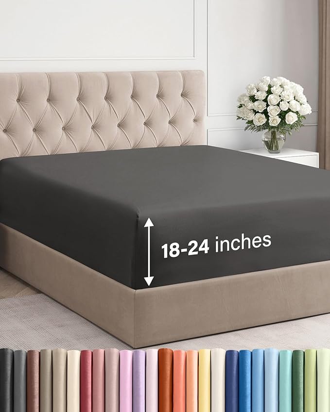 Extra Deep Cal King Fitted Sheet - Single Fitted Sheet Only - Charcoal | Easily Fits 18 inch to 24 inch Mattress, Soft, Wrinkle Free, Breathable & Comfy, Extra Deep Pockets Hotel Luxury Fitted Sheet