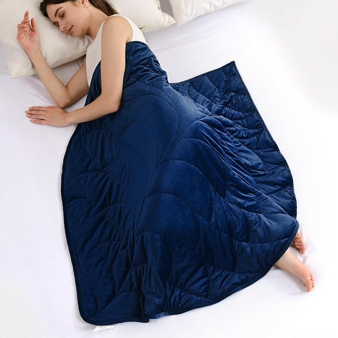 Weighted Lap Blanket for Adults, 7 lbs 41" x 53", Leaf Pattern, Navy Blue | Washable Weighted Blankets, Small Portable Blanket for Relaxation, Cozy Luxury Crystal Velvet All-Season Heavy Blanket