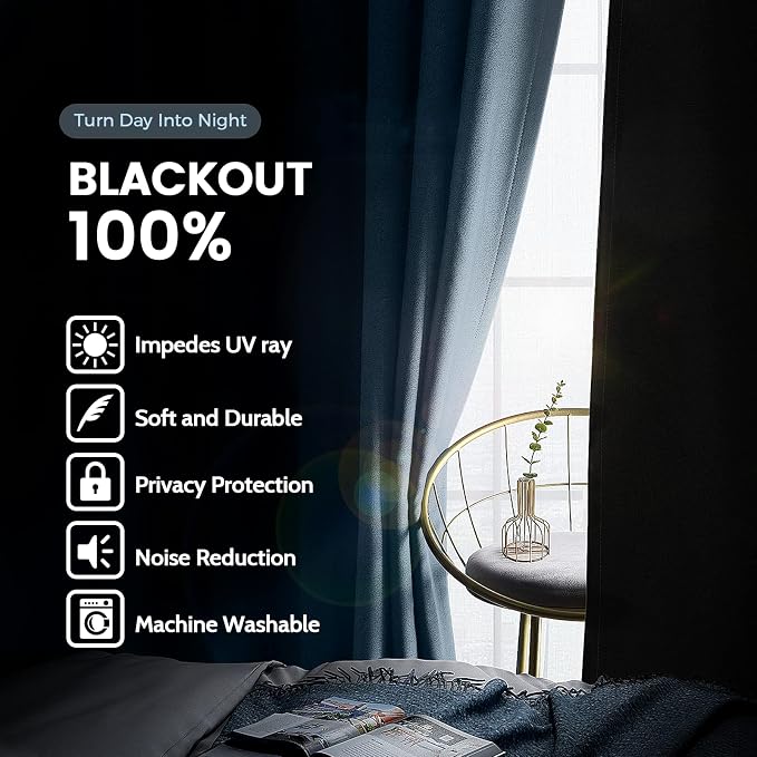SimpleHome Stone Blue 100% Blackout Curtains Room Darkening Living Room 96L | Curtains for Bedroom,Thermal Insulated Grommet Window Drapes,Curtains for Living Room with Black Back,52 x 96 Inch,2 Panels