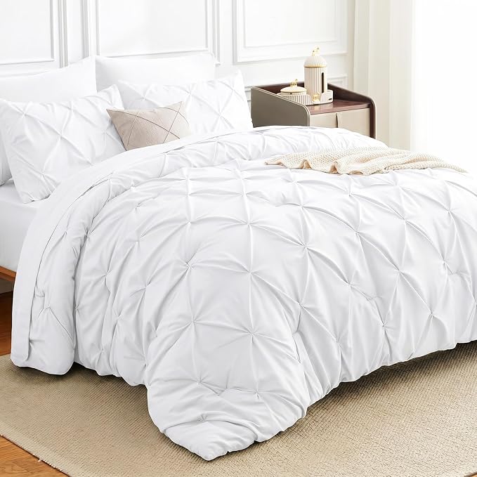 HIMEET Queen Comforter Set White - 7 Pieces Pintuck Bed in a Bag | OEKO-TEX Certified, 240GSM Down Alternative Comforter, 14" Deep Pocket Fitted Sheet + Flat Sheet + 2 Pillowcases + 2 Shams