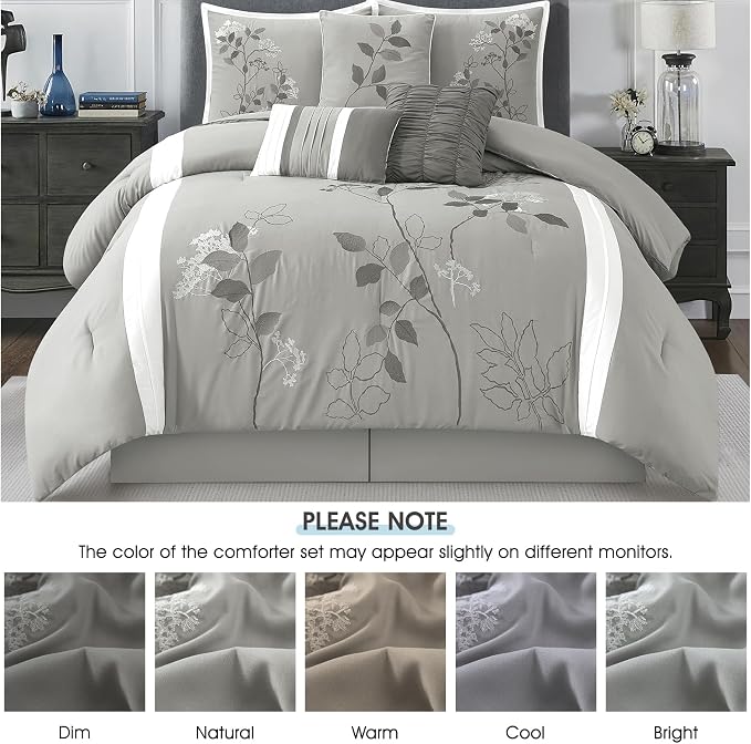Grey California King Comforter Set, 7 Pieces Bed in a Bag, Elegant Floral Leaves Embroidery, Soft and Lightweight All Seasons Bedding Set, Bedskirt, Pillow Shams, Decor Pillows