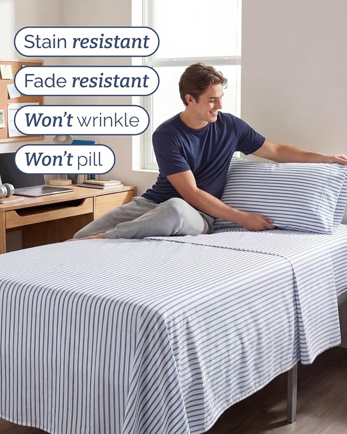 Twin XL 3 Piece Sheet Set - College Dorm Room Essentials - Blue Stripes | Deep Pocket Bed Sheets for Women, Men, Teens & Students, Soft, Cooling, Breathable & Wrinkle Free, Oeko-Tex Bed Sheet Set