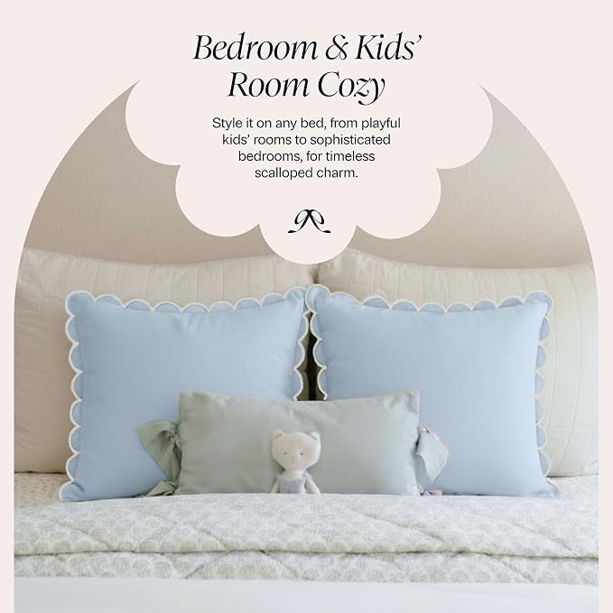 BEBE BASK Scalloped Pillow Cover Set of 2, 18x18, Cotton - Sky Blue/White | 100% Cotton, Scallop Pillow Covers, Grandmillennial Style, 18 by 18 Inch, Easy to Care, Machine Washable, Scalloped Pillows