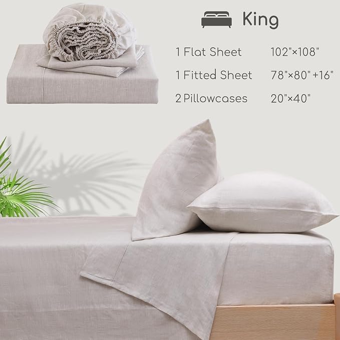 100% Linen Sheets Set King Size, Natural Pure Flax 4 Piece Bed Sets, 16" Deep Pocket, Breathable Cooling Bed Soft Durable Bedding, Machine Washable (Linen,King)