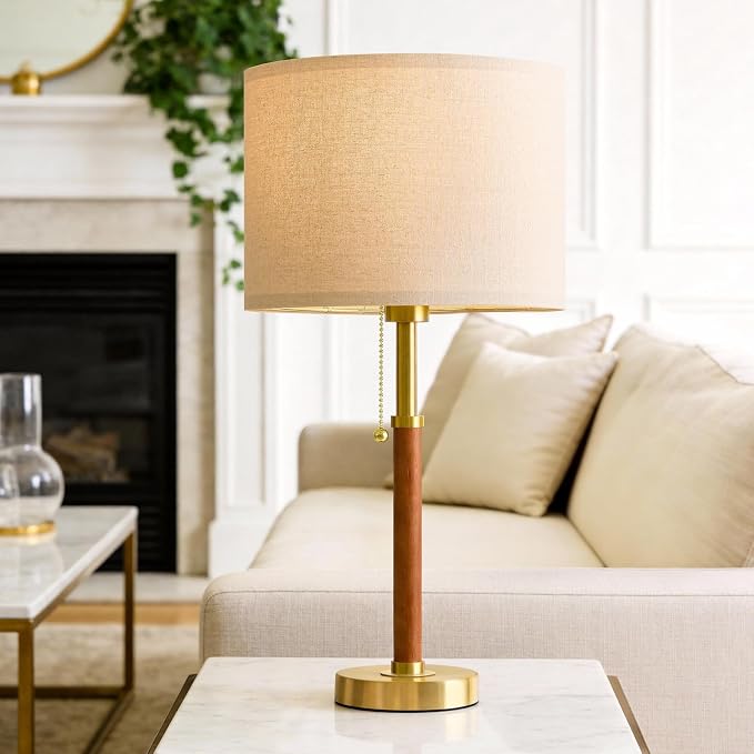 22" Wood Table Lamps Mid Century Modern Lamp for Bedroom Living Room | Bedside Lamps for Night Stands Nightstand Lamp with Pull Chain Gold Small Side End Table Lamps Set of 2 Vintage Deco Gifts