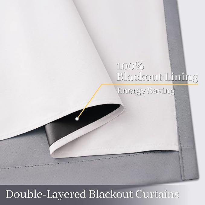 Yakamok Grey 100% Blackout Curtain Panels 72 inches, 50" Wide, 2 Panels | Blackout Curtain Panels for Bedroom, 2 Thick Layers Grommet Top Thermal Insulated Drapes with White Back for Living Room