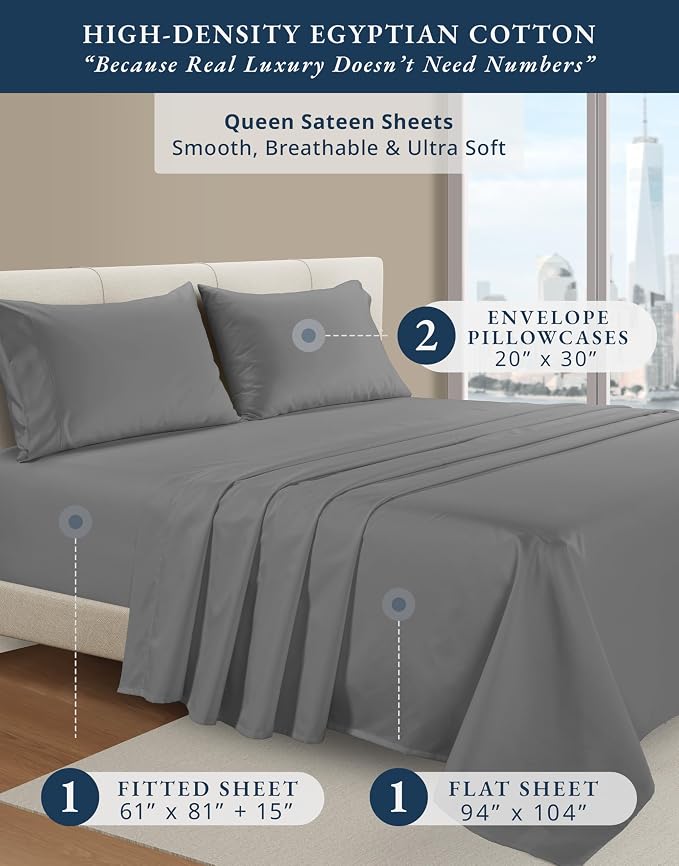LANE LINEN Black Sheets Queen 100% Egyptian Cotton Sateen - Charcoal Gray | Cooling Bed Sheets Queen - 4-Piece Set, For Guests And Everyday Use, For A Silky Hotel-Style Bed, Luxe Sheen, Plush