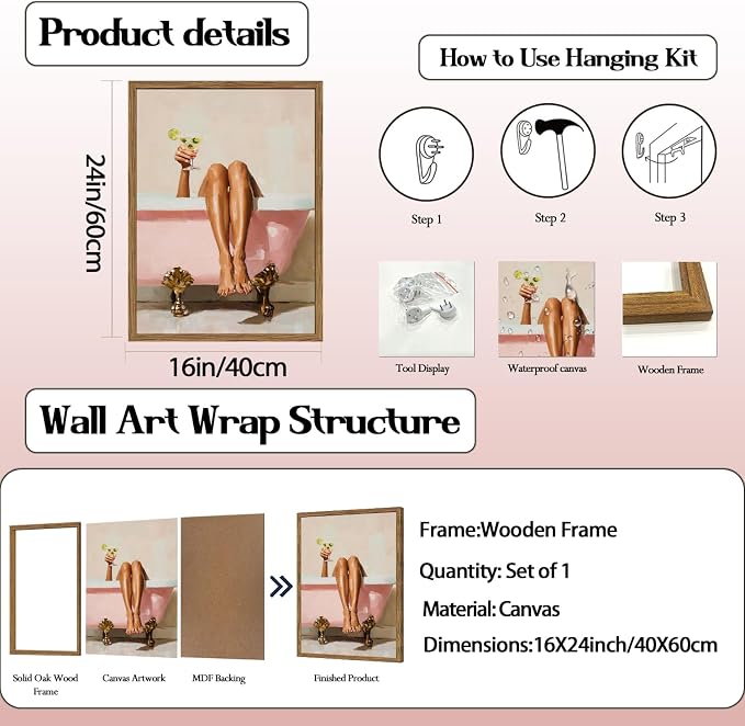 Funny Girl Bathroom Wall Art Pink Cute Girly Bathtub Wall Decor Picture, Trendy Girl Bathroom Martini Cocktail Poster Canvas Print Painting Minimalist Cute Woman Artwork 16x24 inch Wood Framed