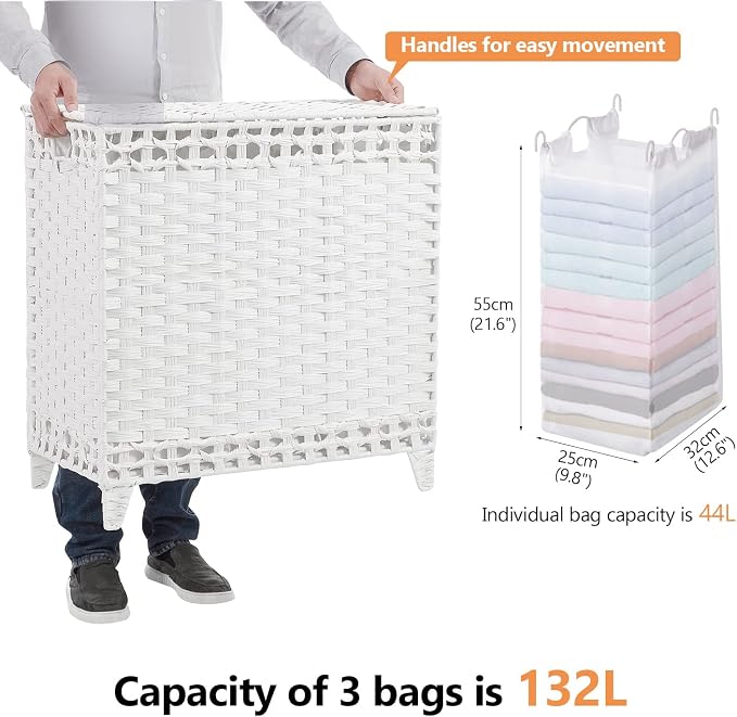 Laundry Hamper with 3 Removable Liner Bags, 132L Laundry Sorter with Lid | Raised Feet; Side Carry Handles; Handwoven PP Rattan; Rust-Resistant Iron Frame; Decorative Woven Design