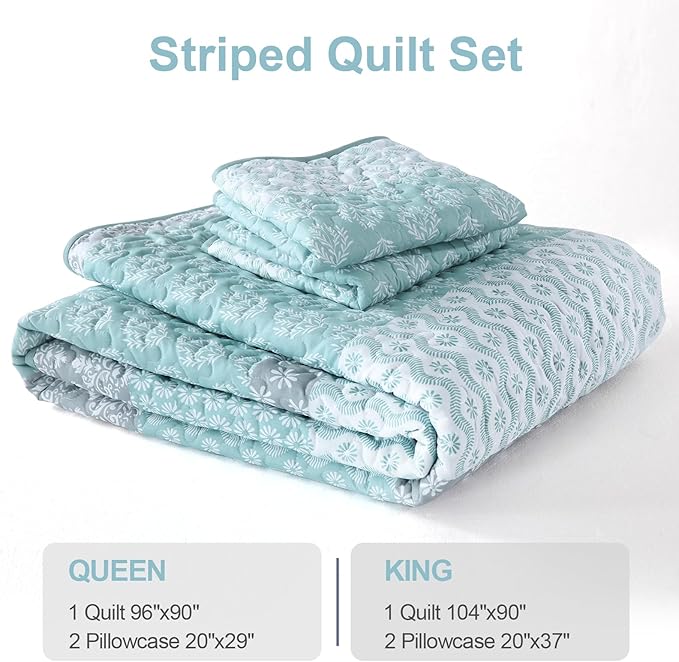 Cottolester Boho Full Size Quilt Set,Teal Striped Bedspread Bedding | Soft Microfiber Coverlet,Breathable All-Season,Machine Washable,3-Piece Set,Fits King 90"x78",Cozy Essential for Men Women