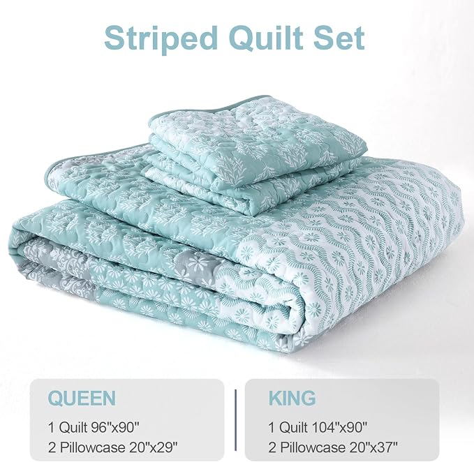 Cottolester Boho Quilt Queen Size,Teal Striped Bedspread Bedding Set | Soft Microfiber Coverlet,Breathable All-Season,Machine Washable,3-Piece Set,Fits Queen 96"x90",Cozy Essential for Men Women