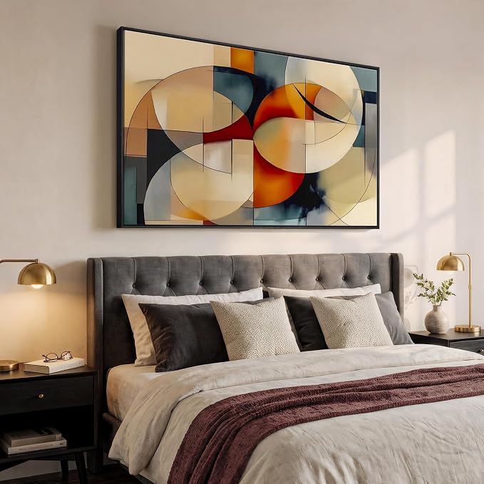 Extra Large Framed Geometric Abstract Wall Art for Living Room, 60x40 In | Orange blue colorful picture, Horizontal canvas prints, Wood frame, Modern artwork, Wall decor for bedroom dining room office