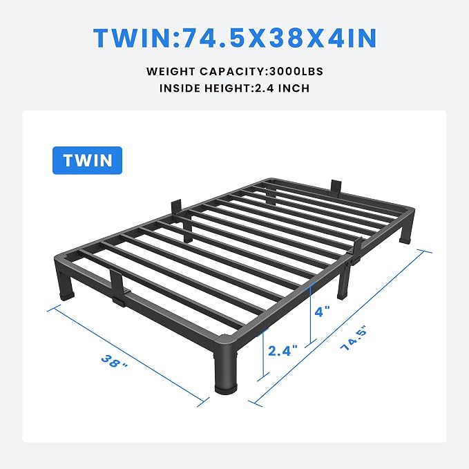 MAF 4 Inch Twin Metal Platform Bed Frame with Round Corner Legs | Mattress Slide Stopper, 3000 LBS Heavy Duty Steel Slats Support, Noise Free, No Box Spring Needed, Easy Assembly, Anti-Slip