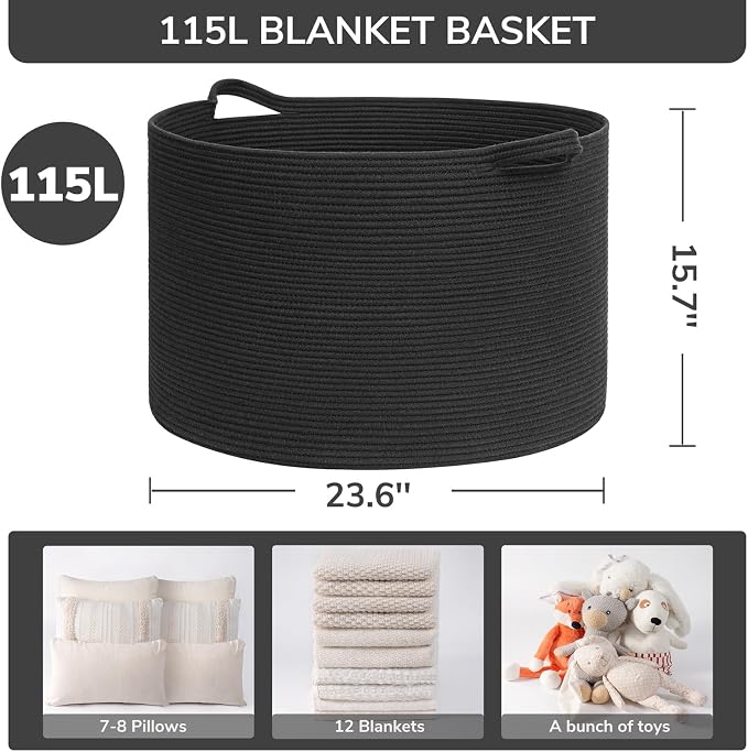 INDRESSME 115L Extra Large Woven Rope Blanket Basket Living Room, Black | 23.6" x 15.7" Storage baskets for toys laundry & pillows. Fits living room, bedroom or nursery décor. Soft-touch with handles