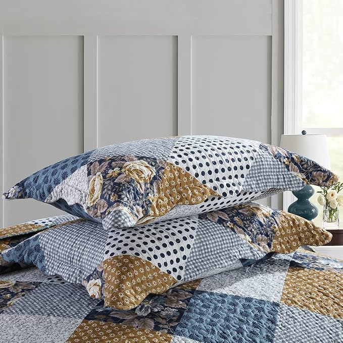 Quilt Bedspread Sets-Checkered Floral Reversible Coverlet Set,Queen Size