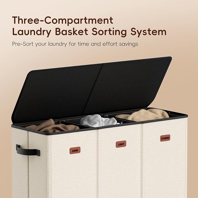 185L Laundry Hamper 3 Section, Laundry Hamper with Lid, Dirty Clothes Hamper with 3 Removable Washing Bags, Extra Large Laundry Basket Organizer for Bedroom, Laundry Room, Dorm - Beige