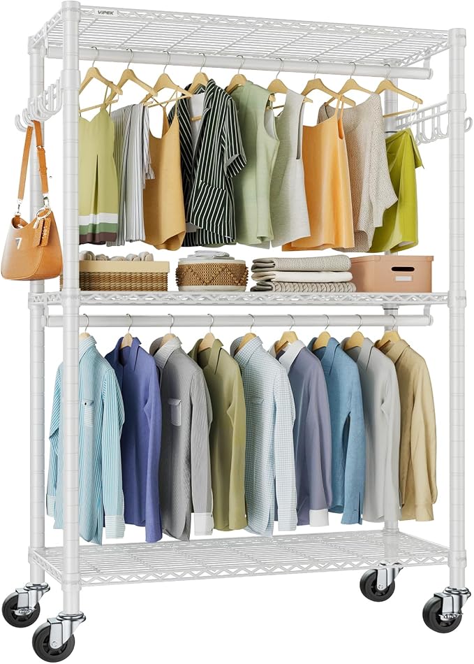 VIPEK R2 Plus Clothing Rack Heavy Duty Rolling Closet for Hanging Clothes | Lockable Silent Wheels, Double Hanging Rods, Adjustable Wire Shelving, Metal Side Hooks, Load 650lbs, for Laundry Room, White