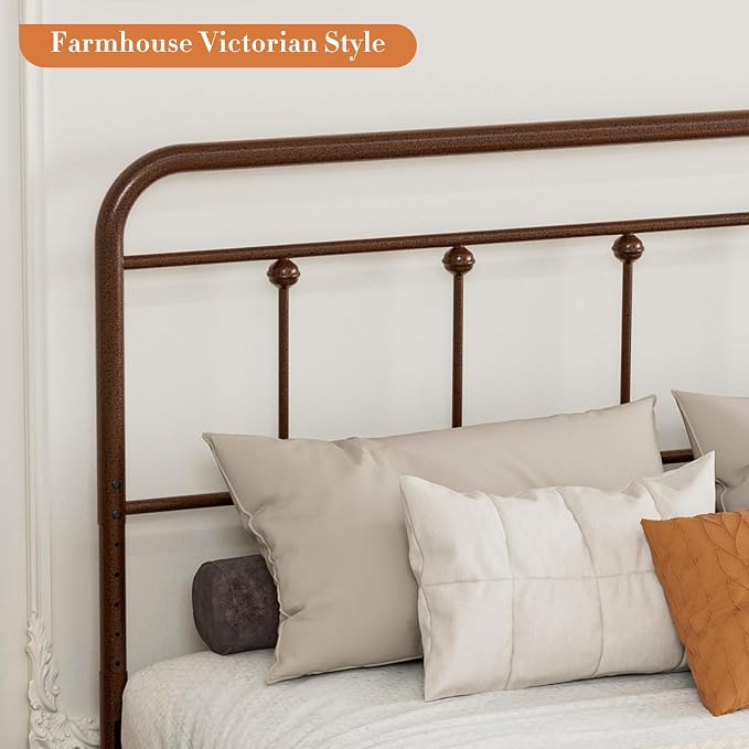 Victorian Metal Queen Size Headboard, Adjustable Height, Brown | Sturdy Steel Queen Head Board Only for Bedroom, Bed Frame Brackets Adapter, Farmhouse Vintage Style, Easy Assembly