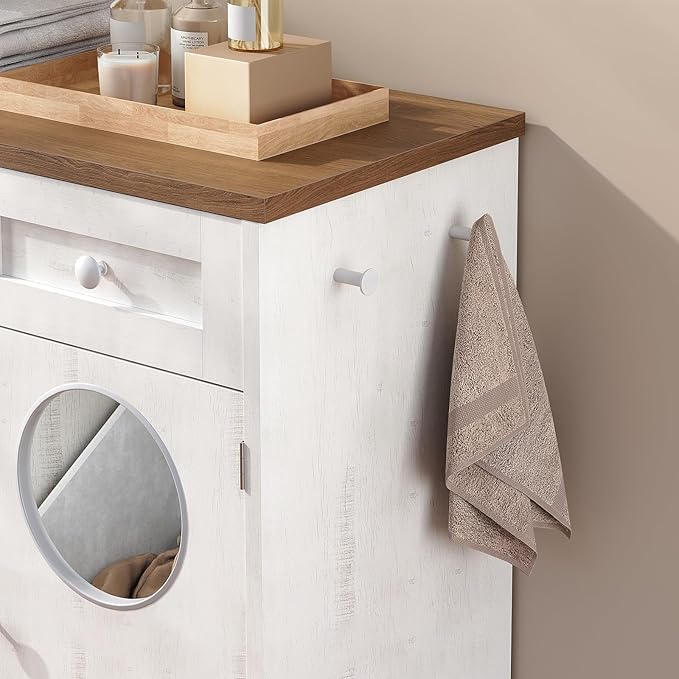 HOOBRO Double Laundry Hamper Cabinet, Hidden Laundry Cabinet with 2 Drawers & 2 Baskets, 20 Gallon Farmhouse Bathroom Laundry Hamper with 2 Clothes-Toss Holes, White and Dark Walnut WHZ36XY01