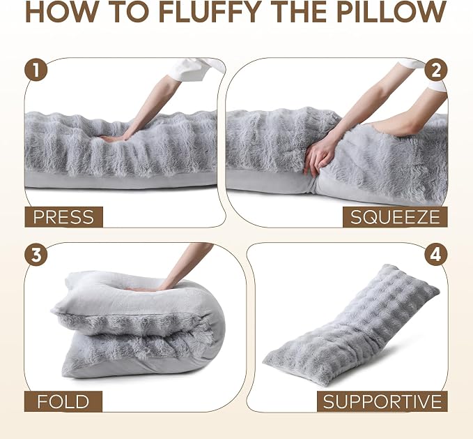DOWNCOOL Premium Large Body Pillow Insert with Faux Rabbit Fur Cover - Large Full Body Pillows for Adults - Soft Long Bed Pillows for Side Sleepers - 20x54 inch (Grey, with Cover)