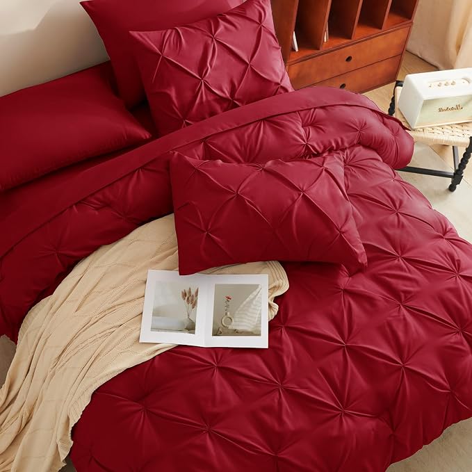 HIMEET Queen Comforter Set Deep Red - 7 Pieces Pintuck Bed in a Bag | OEKO-TEX Certified, 240GSM Down Alternative Comforter, 14" Deep Pocket Fitted Sheet + Flat Sheet + 2 Pillowcases + 2 Shams