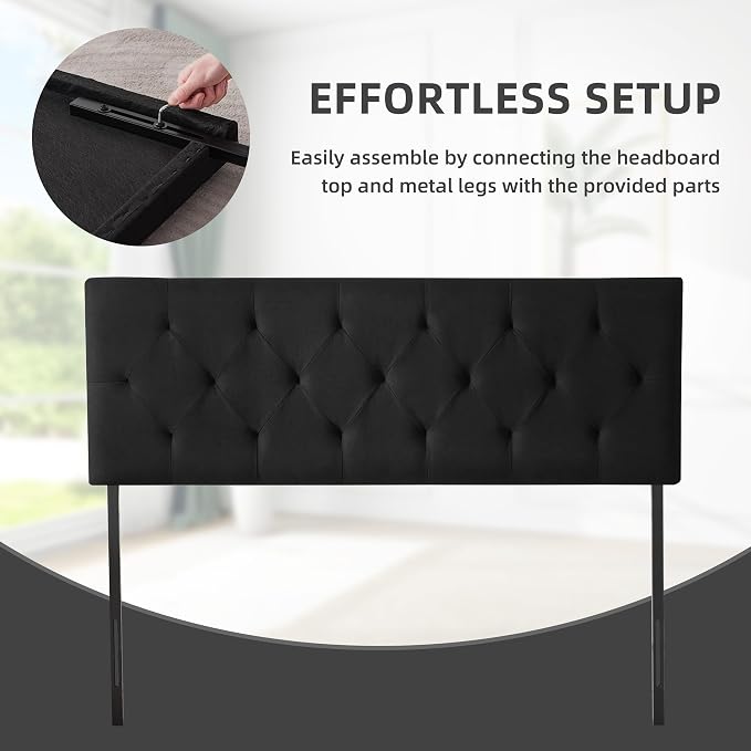Linen Headboard Queen Size Only, Adjustable Height 37-51 in, Black | Diamond Tufting Solid Wood Queen Headboards, Durable Metal Legs, Upholstered Queen Head Board for Bed Frame, Modern Fabric