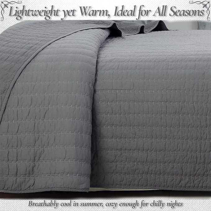 Cozy Line Home Fashions 100% Cotton 3-Piece Charcoal Gray Solid Classic Modern Quilted Bedspread with Shams, Lightweight All Season Modern Bedding (Channel Gray, Queen)
