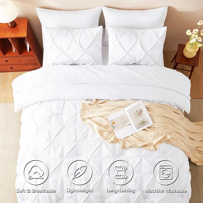 Queen Comforter Set White, 7 Pieces Pintuck Bed in a Bag | OEKO-TEX 100 Certified, 240GSM All Season, Bedroom, Guest Room, Down-Alternative Comforter, Sheets, Pillowcases & Shams