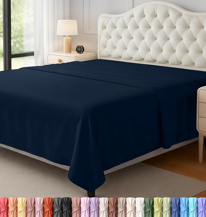 Full Size Flat Sheet Only, Ultra Soft & Breathable Hotel Sheets, Navy | Hotel Bedding, Cooling Comfort, Smooth Feel, Wrinkle & Fade Resistant, Easy Care, Long-Lasting, Machine Washable, OEKO-TEX