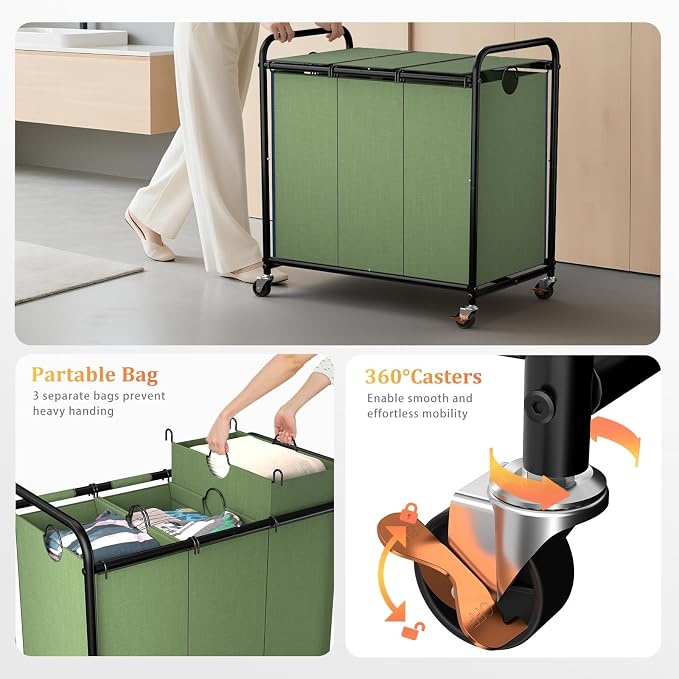 180L Laundry Sorter 3 Section, Rolling Laundry Basket with Wheels and Lid | 47.55 Gal Laundry Hamper, 3 Separated Removable Bags, Lockable Wheels, Dirty Clothes Hamper for Laundry Room Organizer, Green
