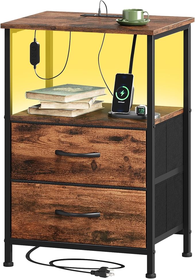 Somdot Nightstand with 2 Drawers, Charging Station & LED Light | Fabric-Bin Dresser for Bedroom, Bedside, Kids Room, Dorm, Closet, Laundry and Entryway, Brown
