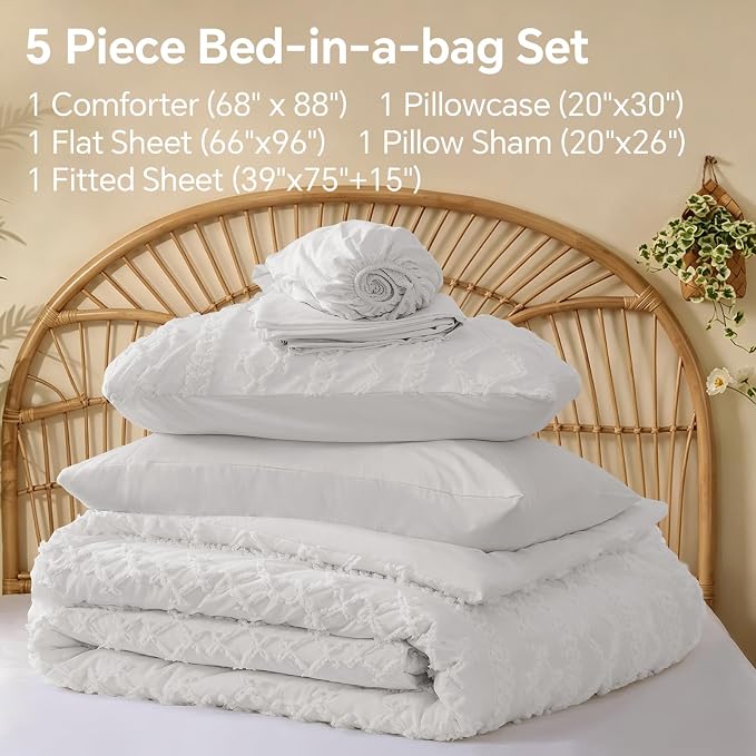 BEDELITE Twin Comforter Set 5 Pieces,Boho Bed in a Bag,White | Tufted Bed Set for All Seasons,Soft Farmhouse-Style Embroidery Bedding,Includes Flat & Fitted Sheets,1 Pillowcase & 1 Sham