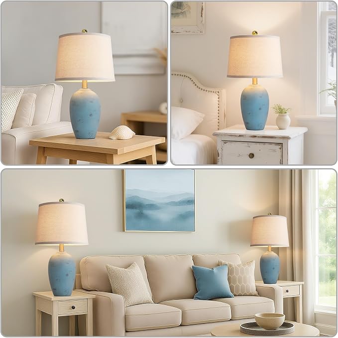 AIEAMPDO 21'' Set of 2 Coastal Small Ceramic Lamps for Bedroom | Traditional Nightstand Bedside Desk Table Lamp for Living Room Office Dorm, 2 Bulbs Included