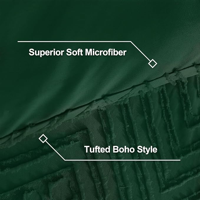 Litanika King Size Comforter Set, 3 Pieces Emerald Tufted Boho Bedding Set | Green Farmhouse Shabby Chic Vintage Bohemian Textured Aesthetic Soft Fluffy Lightweight Breathable All Season Bed Set