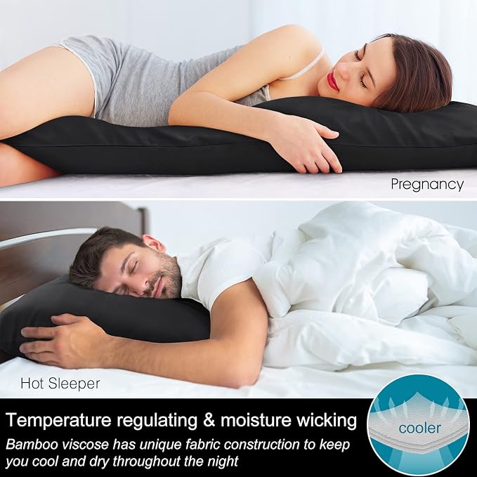 BEDELITE Body Pillow Pillowcase, Rayon from Bamboo, Black, 20"x54" | Cooling and Breathable Body Pillow Cover for Hot Sleepers & Night Sweats, Silky Soft Full Long Pillow Case, Envelope Closure