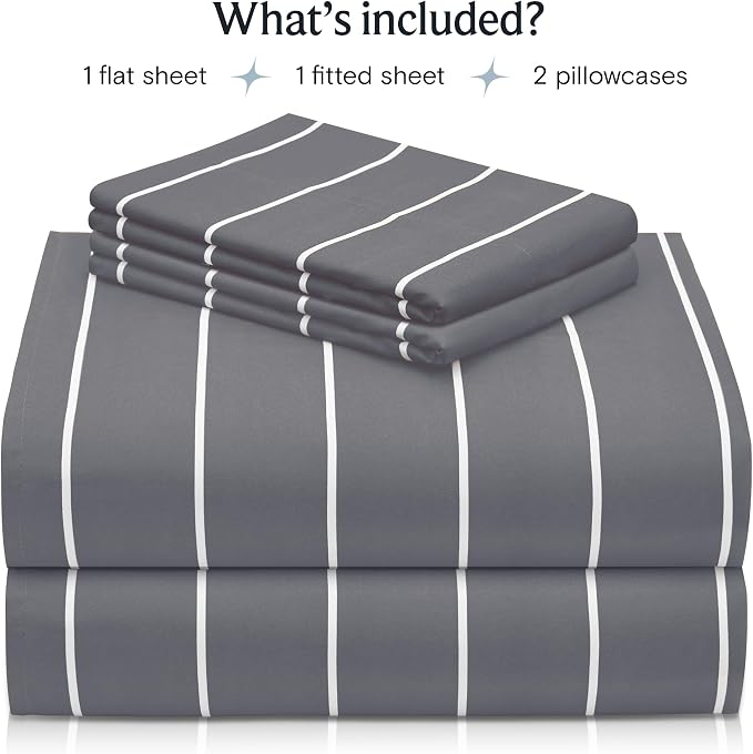 Cal King Striped Sheets Set, Deep Pocket Soft & Cooling Bed Sheet, 4PC | LuxClub Silky Fitted Sheet & Pillowcase Sets, Breathable Hotel Luxury Bedding for Mattress Wrinkle Free, Light Grey