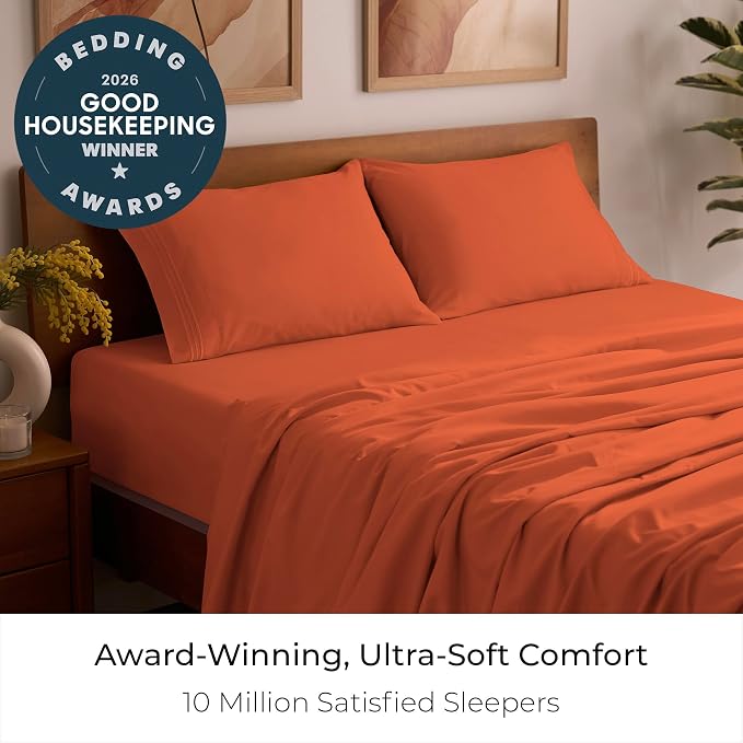 Mellanni Iconic 4-Piece, Ultra Soft Sheet Set (Queen, Poppy Orange) | 10M+ Sleepers. Lab-tested: Sleeps Cool, Stays Bright, Strong, Smooth. Good Housekeeping Best Bedding, 7 yrs running.