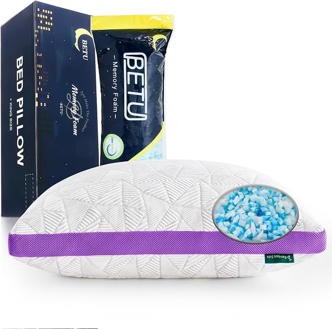 BETU Cooling King Size Pillows Set of 2, Shredded Memory Foam Cool Pillows for Hot Sleepers, Adjustable Firm Soft Support Bed Pillow Perfect for Back Neck Pain and Side Sleeping with Cover, Purple