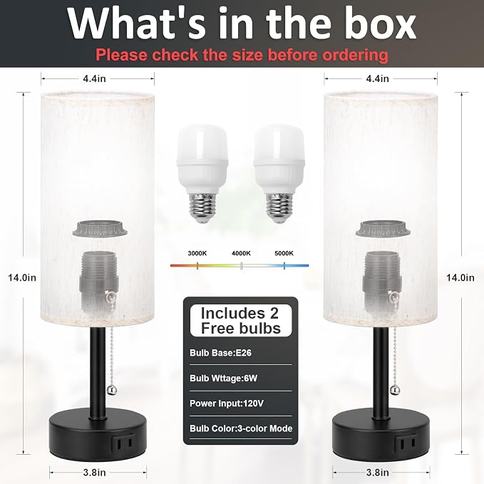 Bedside Table Lamps Set of 2 - Bedroom Lamp for Desk, AC Outlet | Pull Chain, 3 Color Temperatures (3000K/4000K/5000K), LED Bulbs Included, 14in Small Lamp for Dorm, Nightstand, Living Room
