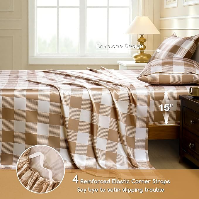 MR&HM Satin Sheets Queen Size with Elastic Corner Straps, Latte Check | Similar to Silk, 4-Piece Silky Soft Bed Sheet Set, Gentle on Skin and Hair, 15" Deep Pocket, Cooling & Breathable