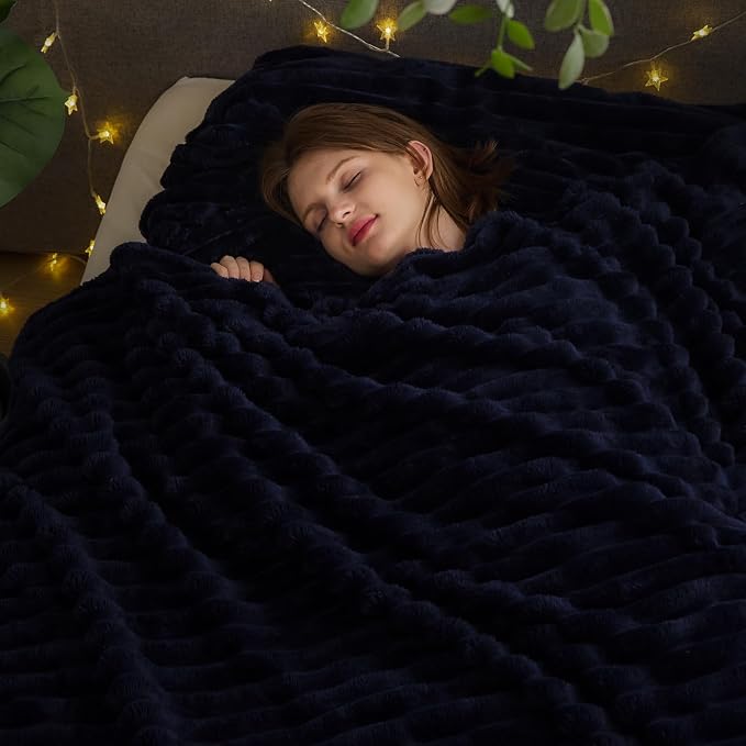 NEWCOSPLAY Fleece Ribbed Cozy Queen Blanket for Couch, Dark Navy, 90"x90" | Premium Silky Flannel Blanket, Soft Lightweight Fluffy Throw Blanket for Bed Sofa Decor, Gift for All Season Use