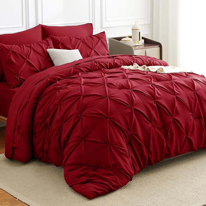 HIMEET Queen Comforter Set Deep Red - 7 Pieces Pintuck Bed in a Bag | OEKO-TEX Certified, 240GSM Down Alternative Comforter, 14" Deep Pocket Fitted Sheet + Flat Sheet + 2 Pillowcases + 2 Shams